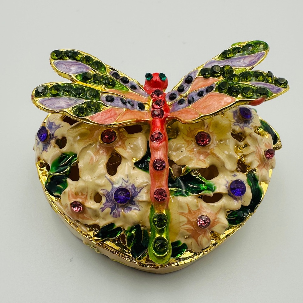 Heart Shape Floral Hinged Trinket Box With Colorful Crystal Jeweled Dragonfly